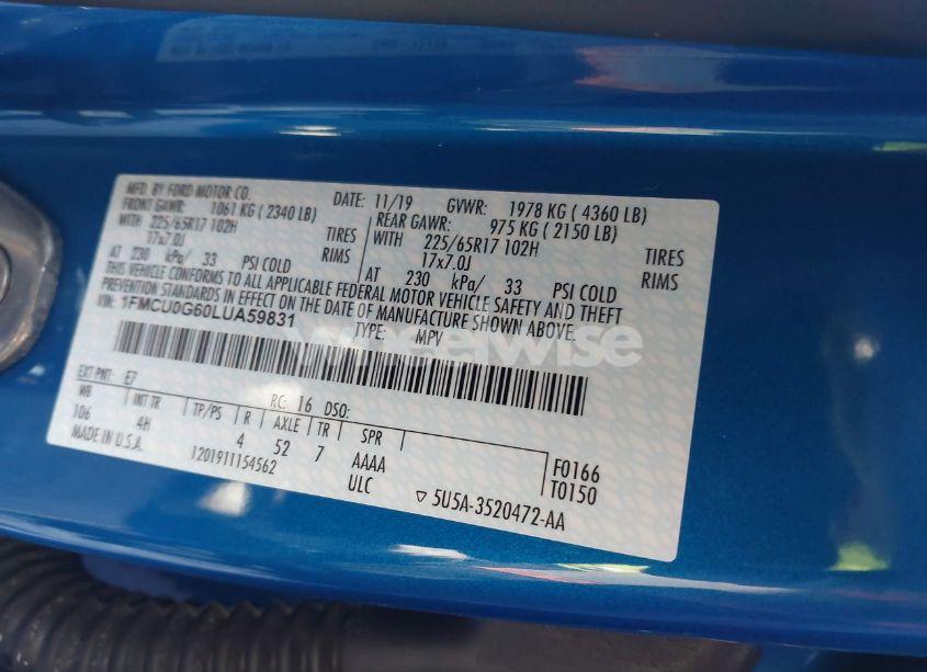 Photo 9 of 2020 Ford Escape SE (VIN 1FMCU0G60LUA59831)