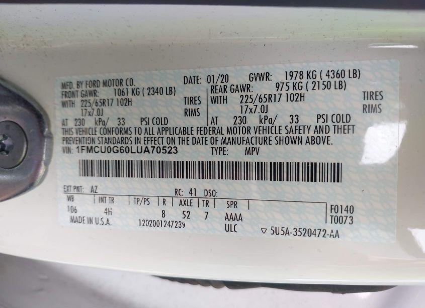 Photo 9 of 2020 Ford Escape SE (VIN 1FMCU0G60LUA70523)