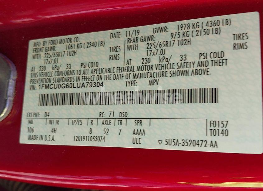 Photo 9 of 2020 Ford Escape SE (VIN 1FMCU0G60LUA79304)