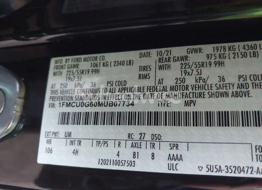 Photo 9 of 2021 Ford Escape SE (VIN 1FMCU0G60MUB07734)