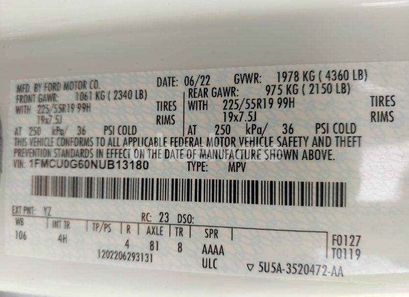 Photo 9 of 2022 Ford Escape SE (VIN 1FMCU0G60NUB13180)