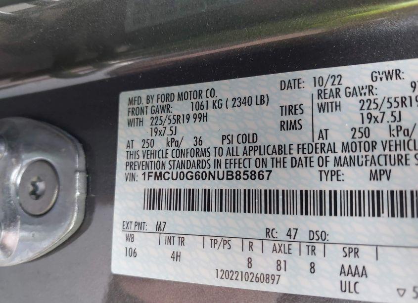 Photo 9 of 2022 Ford Escape SE (VIN 1FMCU0G60NUB85867)