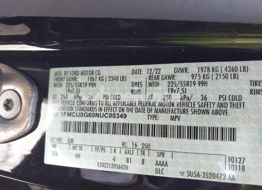 Photo 9 of 2022 Ford Escape SE (VIN 1FMCU0G60NUC00349)