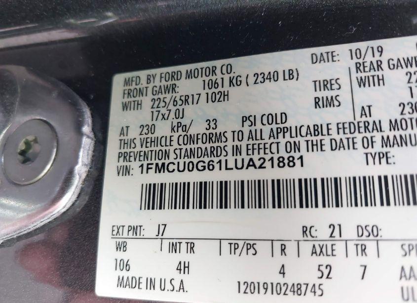 Photo 9 of 2020 Ford Escape SE (VIN 1FMCU0G61LUA21881)