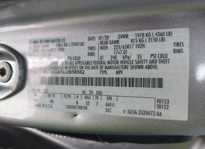 Photo 9 of 2020 Ford Escape SE (VIN 1FMCU0G61LUB58562)