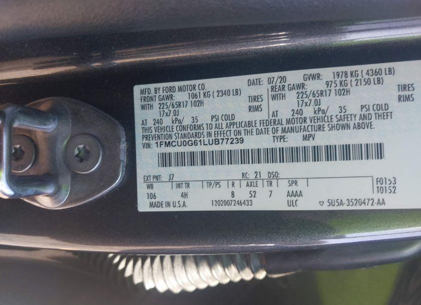 Photo 9 of 2020 Ford Escape SE (VIN 1FMCU0G61LUB77239)