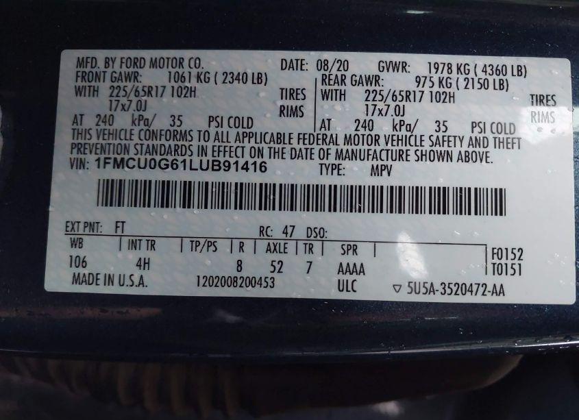 Photo 9 of 2020 Ford Escape SE (VIN 1FMCU0G61LUB91416)