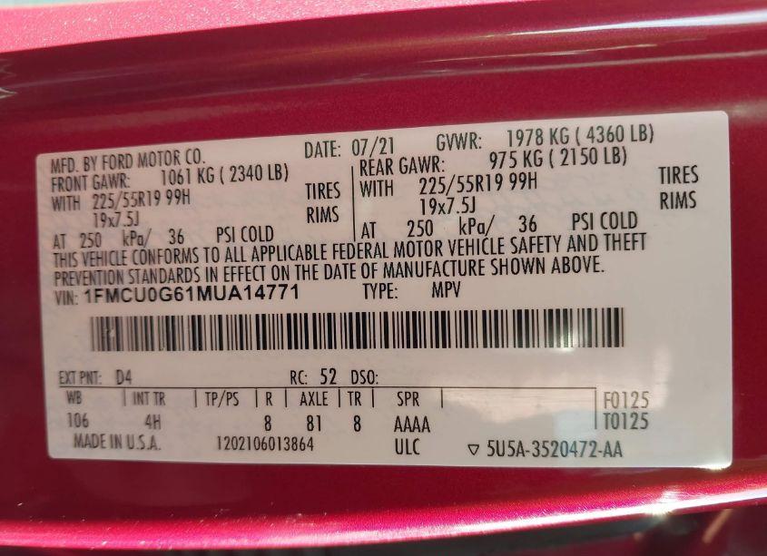 Photo 9 of 2021 Ford Escape SE (VIN 1FMCU0G61MUA14771)