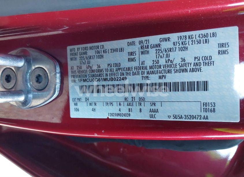 Photo 9 of 2021 Ford Escape SE (VIN 1FMCU0G61MUB02249)