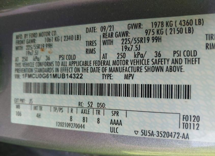 Photo 9 of 2021 Ford Escape SE (VIN 1FMCU0G61MUB14322)