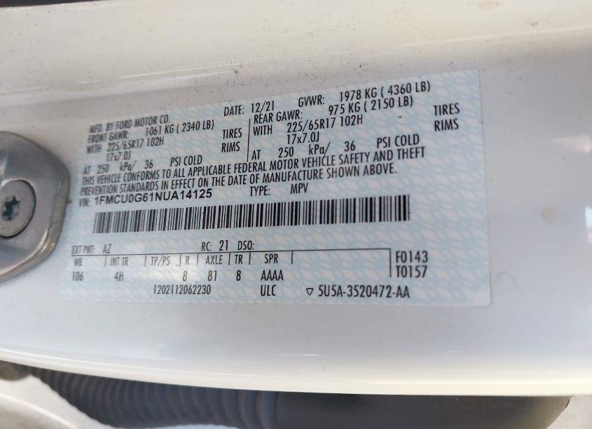 Photo 9 of 2022 Ford Escape SE (VIN 1FMCU0G61NUA14125)