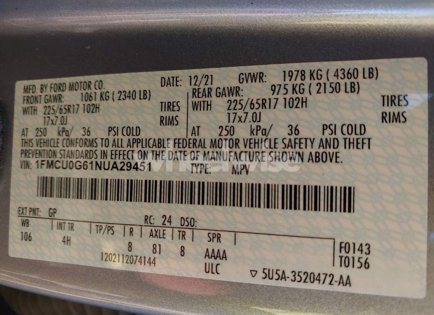 Photo 9 of 2022 Ford Escape SE (VIN 1FMCU0G61NUA29451)