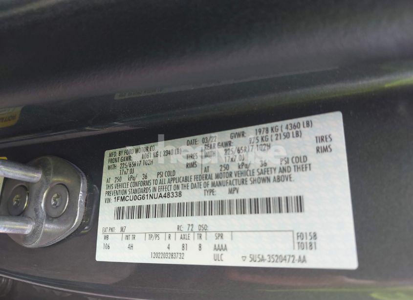 Photo 9 of 2022 Ford Escape SE (VIN 1FMCU0G61NUA48338)