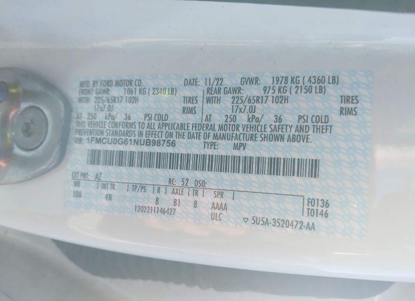 Photo 9 of 2022 Ford Escape SE (VIN 1FMCU0G61NUB98756)