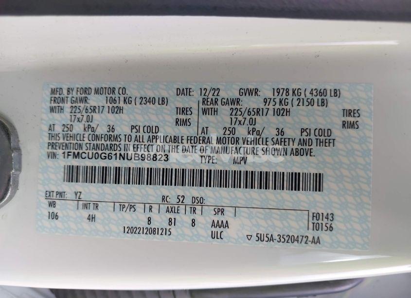 Photo 9 of 2022 Ford Escape SE (VIN 1FMCU0G61NUB98823)