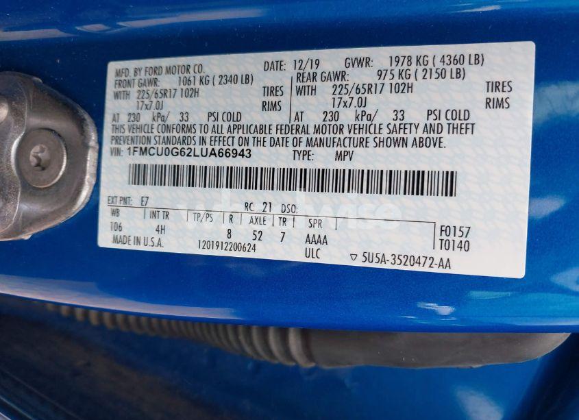 Photo 9 of 2020 Ford Escape SE (VIN 1FMCU0G62LUA66943)