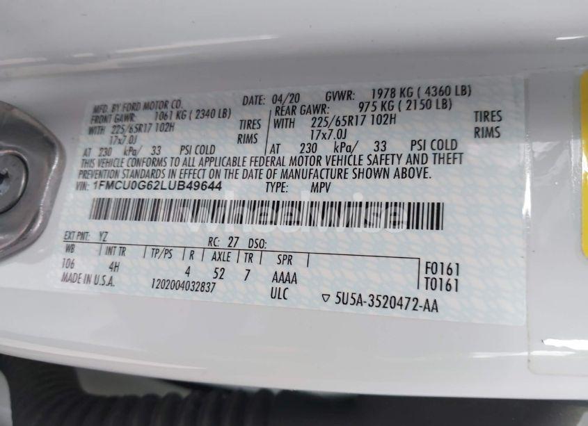 Photo 9 of 2020 Ford Escape SE (VIN 1FMCU0G62LUB49644)