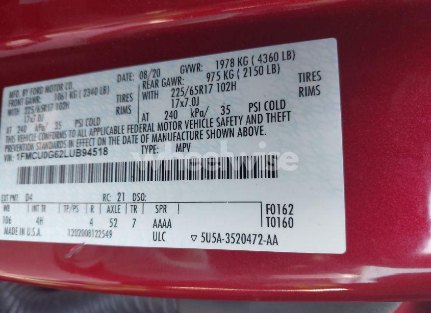 Photo 9 of 2020 Ford Escape SE (VIN 1FMCU0G62LUB94518)