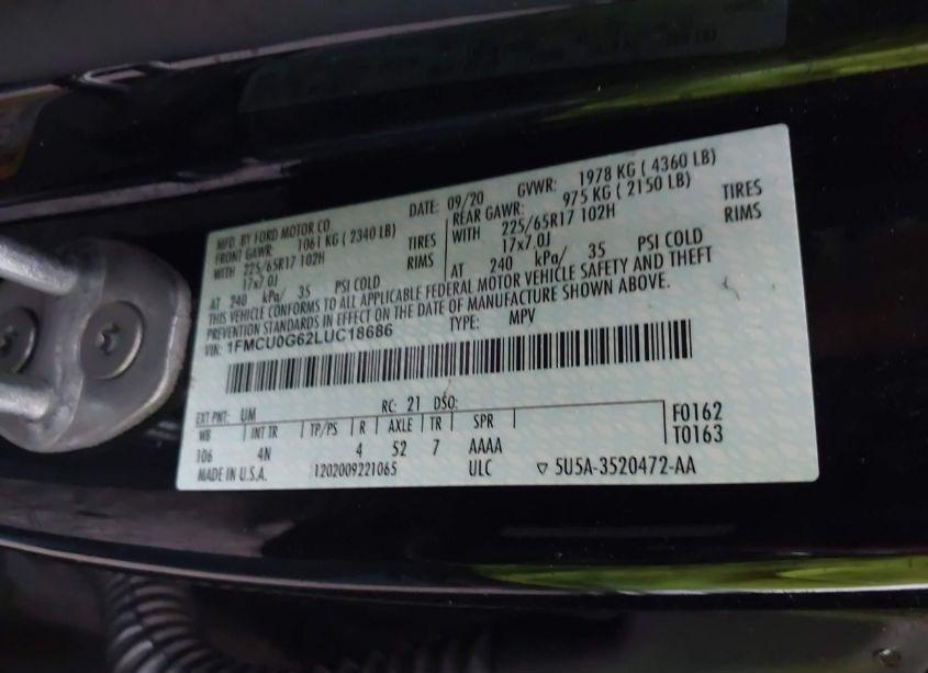 Photo 9 of 2020 Ford Escape SE (VIN 1FMCU0G62LUC18686)