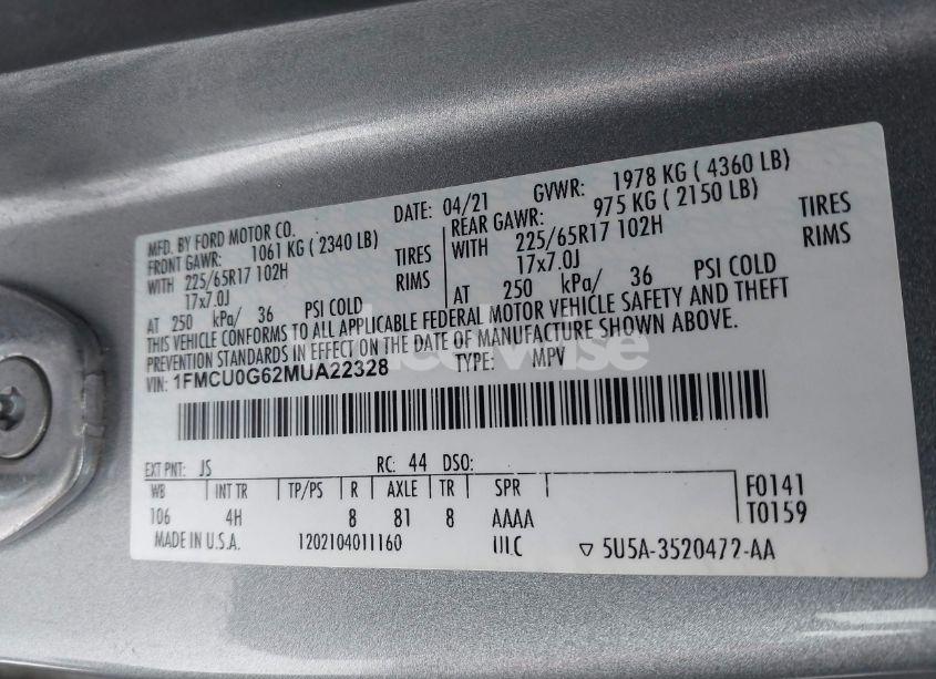 Photo 9 of 2021 Ford Escape SE (VIN 1FMCU0G62MUA22328)
