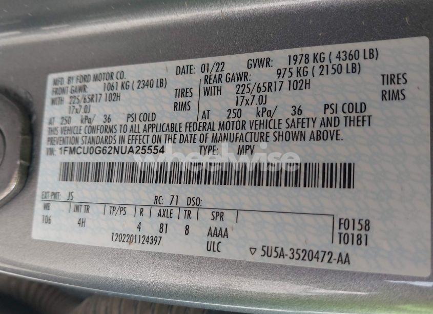 Photo 9 of 2022 Ford Escape SE (VIN 1FMCU0G62NUA25554)