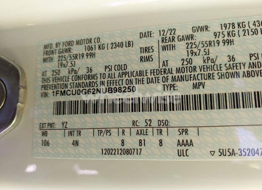 Photo 9 of 2022 Ford Escape SE (VIN 1FMCU0G62NUB98250)