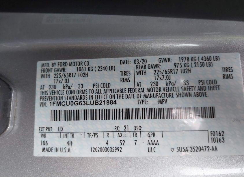 Photo 9 of 2020 Ford Escape SE (VIN 1FMCU0G63LUB21884)