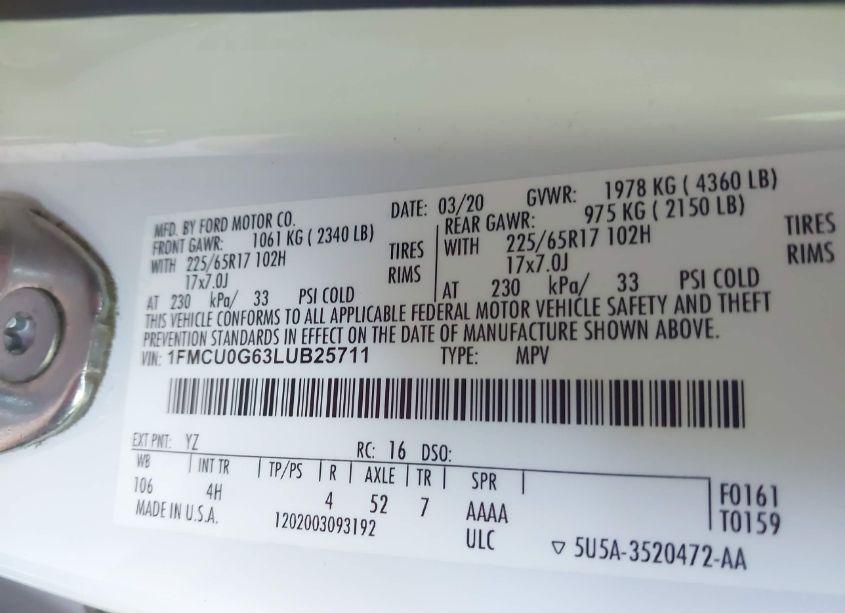 Photo 9 of 2020 Ford Escape SE (VIN 1FMCU0G63LUB25711)