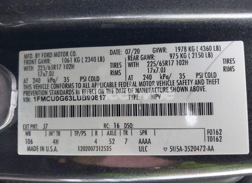 Photo 9 of 2020 Ford Escape SE (VIN 1FMCU0G63LUB90817)