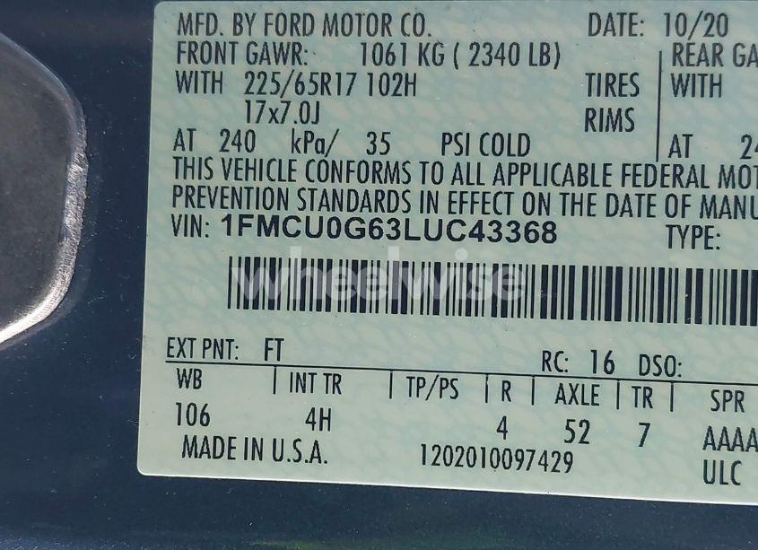 Photo 9 of 2020 Ford Escape SE (VIN 1FMCU0G63LUC43368)