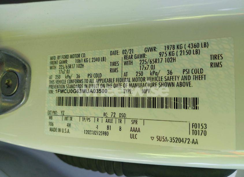 Photo 9 of 2021 Ford Escape SE (VIN 1FMCU0G63MUA03500)