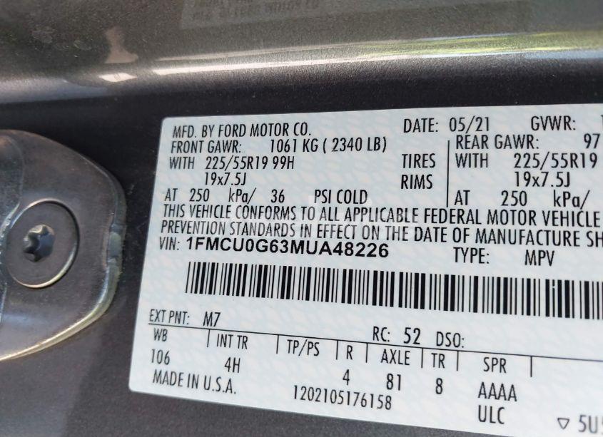Photo 9 of 2021 Ford Escape SE (VIN 1FMCU0G63MUA48226)