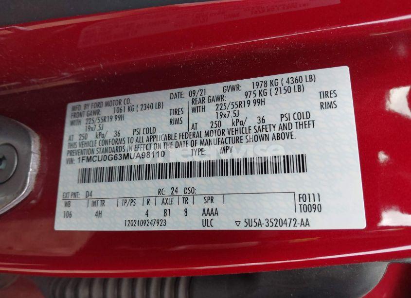 Photo 9 of 2021 Ford Escape SE (VIN 1FMCU0G63MUA98110)