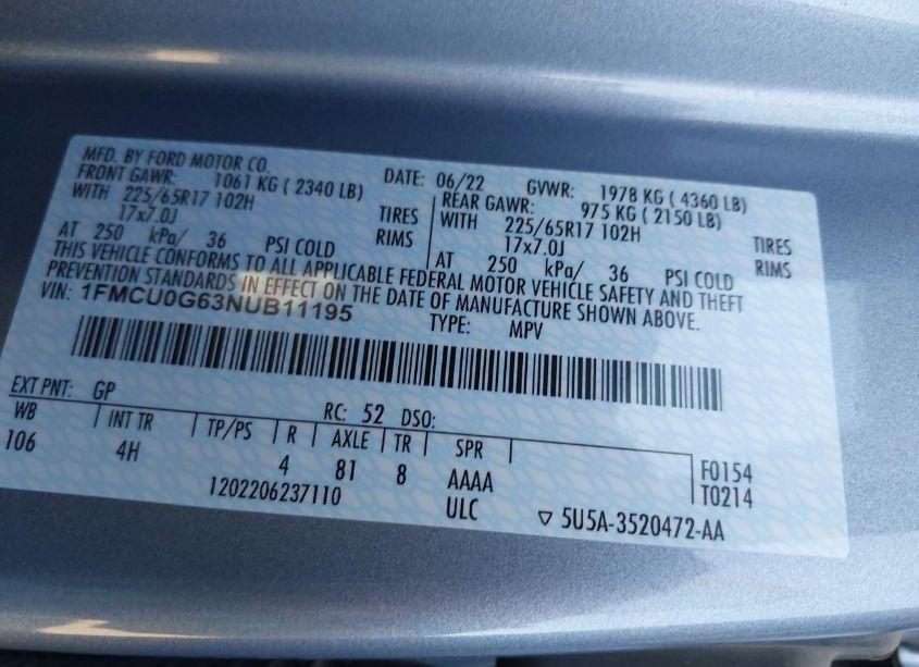 Photo 9 of 2022 Ford Escape SE (VIN 1FMCU0G63NUB11195)