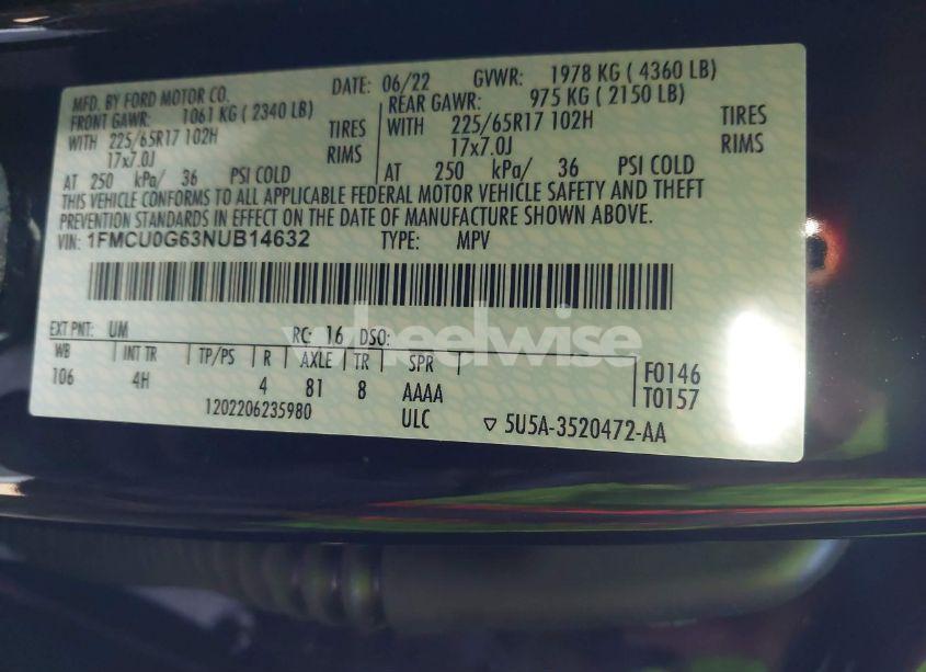 Photo 9 of 2022 Ford Escape SE (VIN 1FMCU0G63NUB14632)