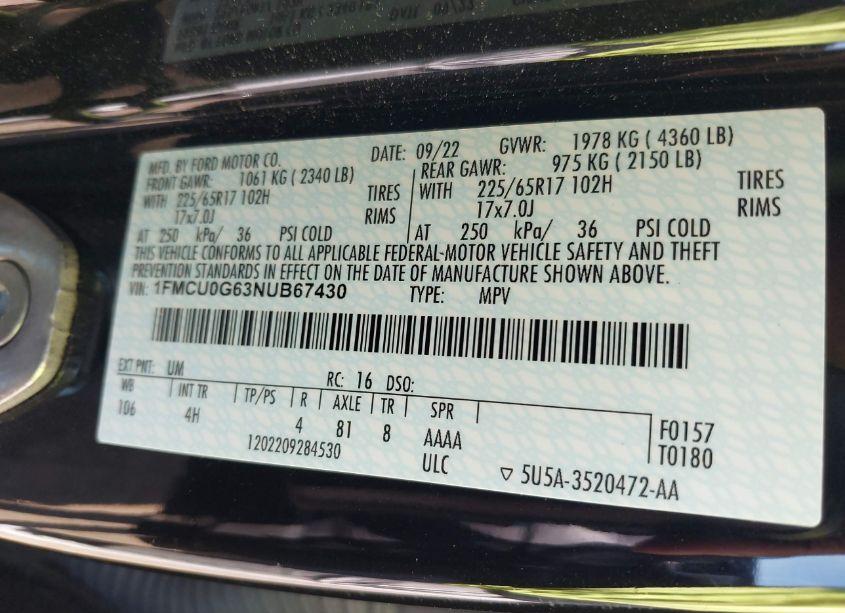 Photo 9 of 2022 Ford Escape SE (VIN 1FMCU0G63NUB67430)