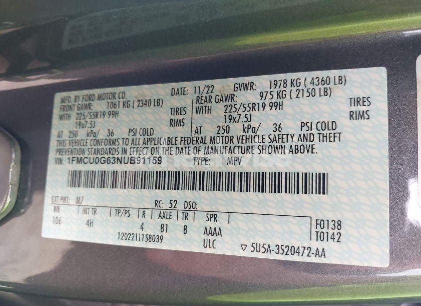 Photo 9 of 2022 Ford Escape SE (VIN 1FMCU0G63NUB91159)