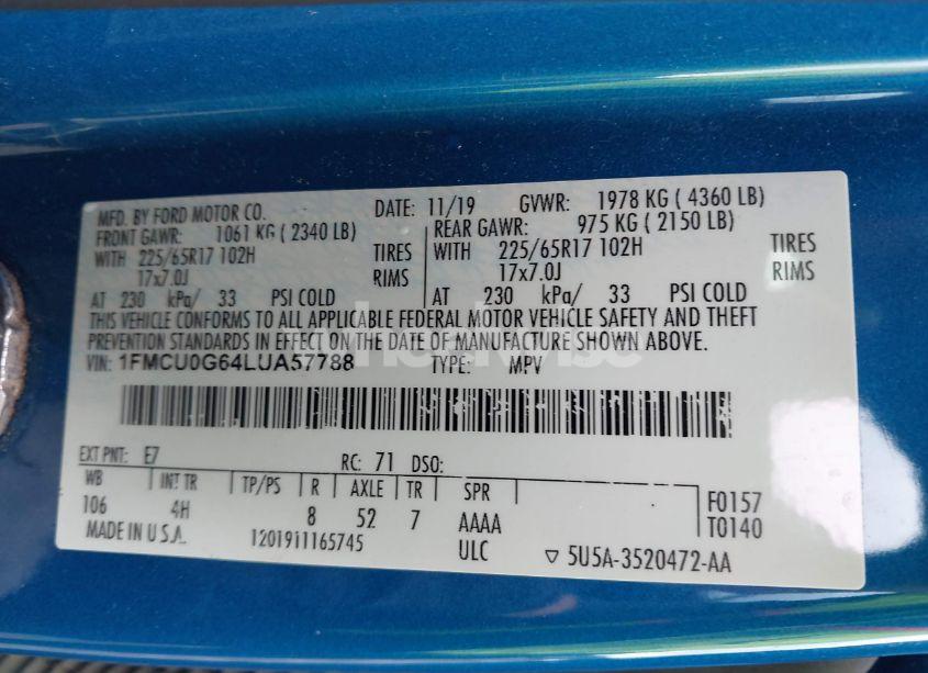 Photo 9 of 2020 Ford Escape SE (VIN 1FMCU0G64LUA57788)