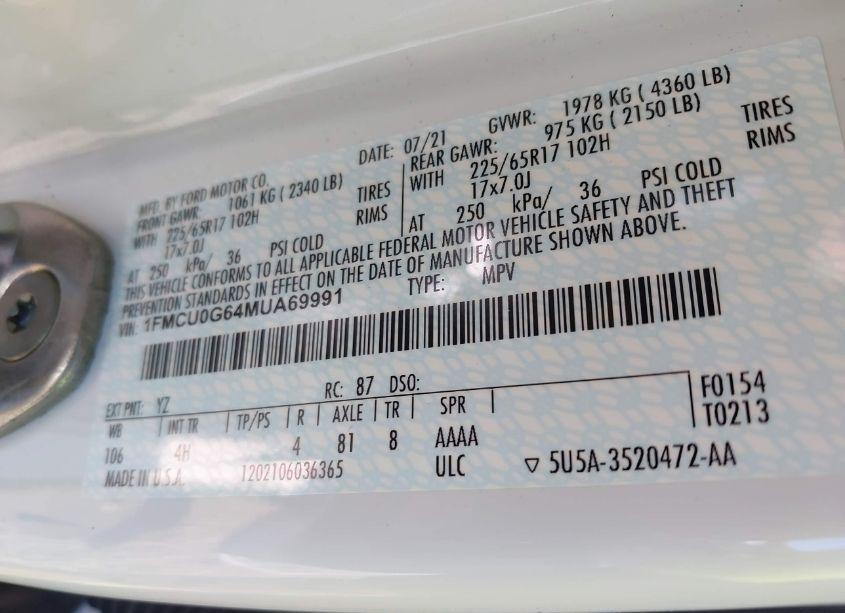 Photo 9 of 2021 Ford Escape SE (VIN 1FMCU0G64MUA69991)