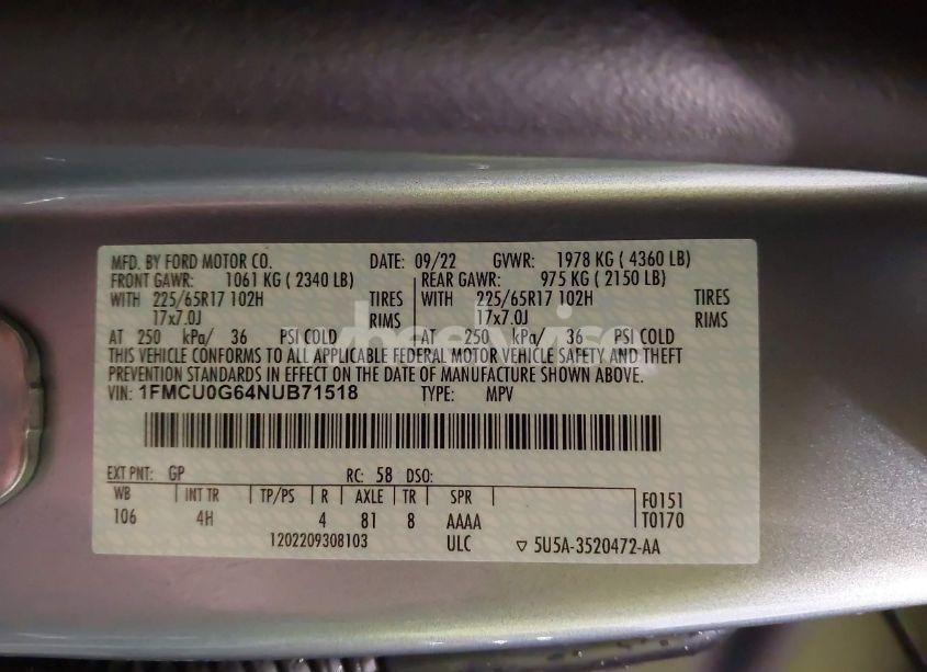 Photo 18 of 2022 Ford Escape SE (VIN 1FMCU0G64NUB71518)