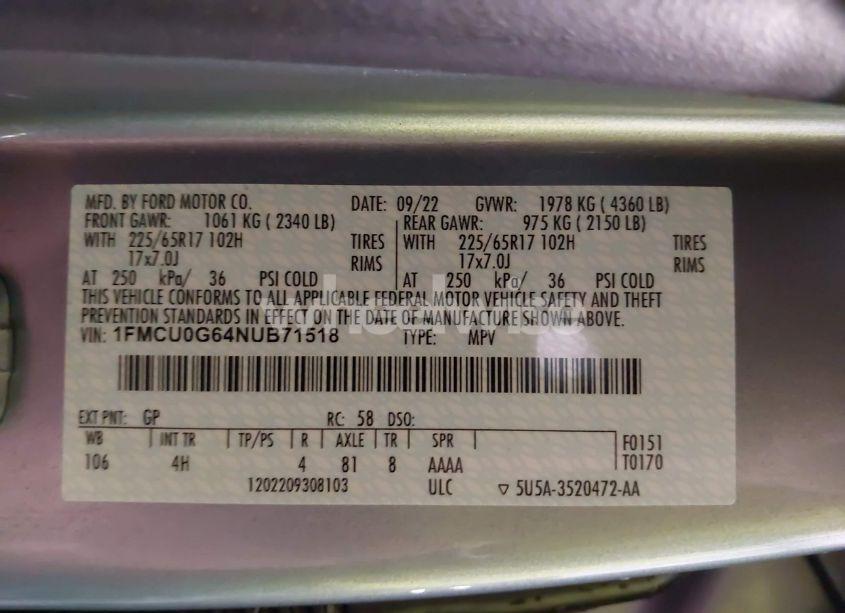 Photo 9 of 2022 Ford Escape SE (VIN 1FMCU0G64NUB71518)