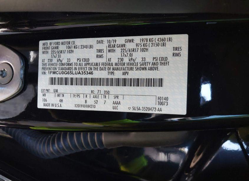 Photo 9 of 2020 Ford Escape SE (VIN 1FMCU0G65LUA35346)