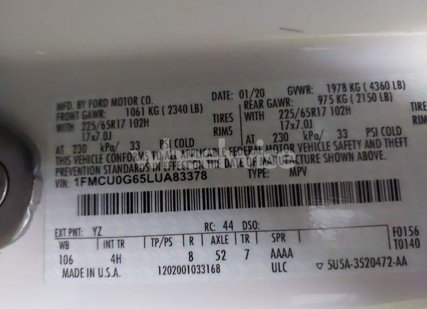 Photo 9 of 2020 Ford Escape SE (VIN 1FMCU0G65LUA83378)