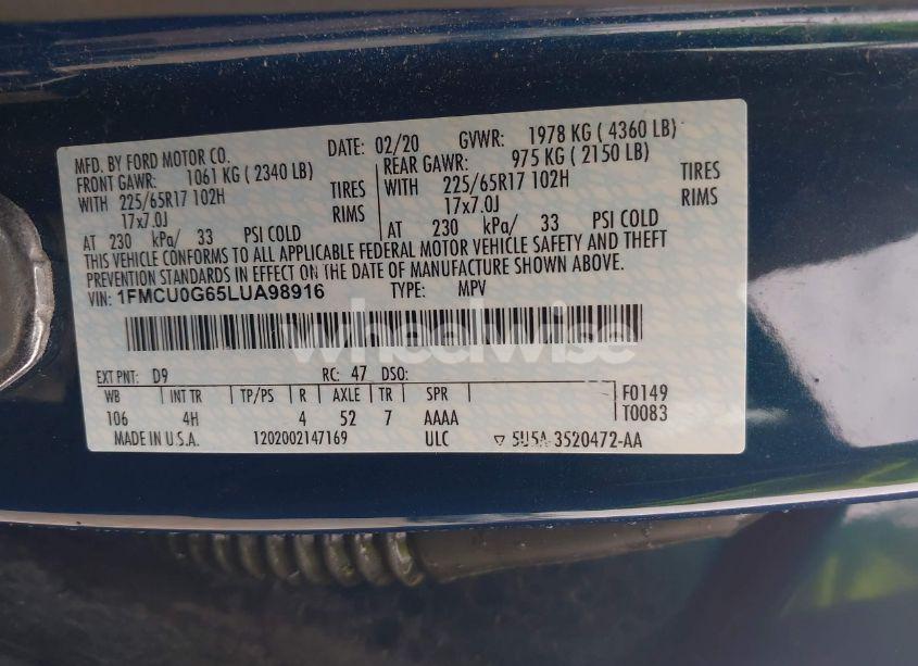 Photo 9 of 2020 Ford Escape SE (VIN 1FMCU0G65LUA98916)