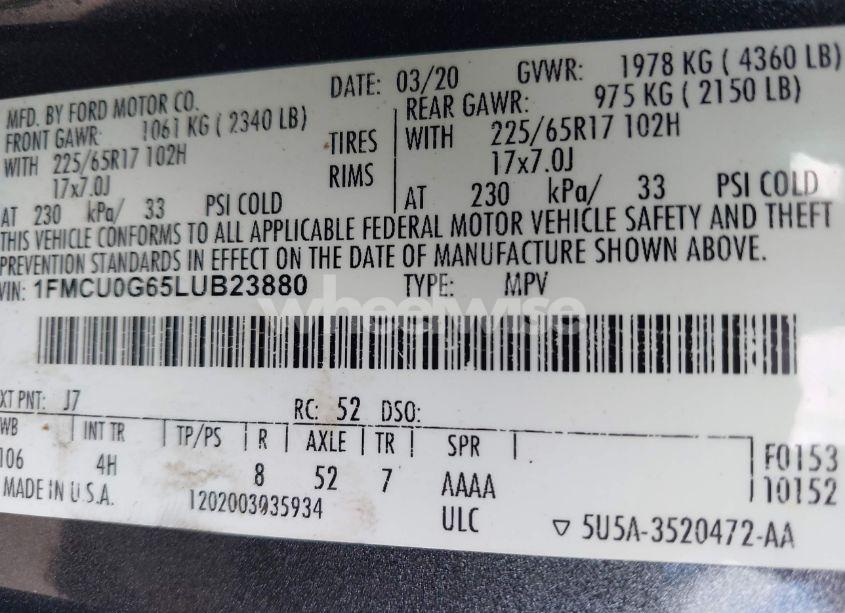 Photo 9 of 2020 Ford Escape SE (VIN 1FMCU0G65LUB23880)