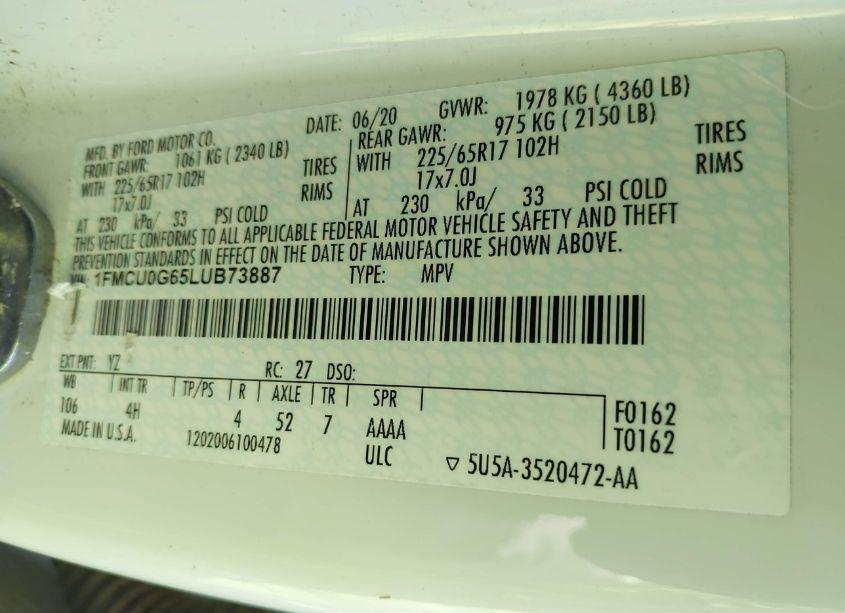 Photo 9 of 2020 Ford Escape SE (VIN 1FMCU0G65LUB73887)