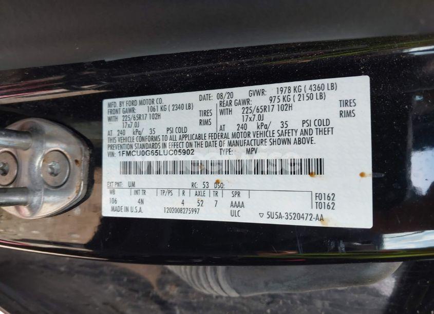 Photo 9 of 2020 Ford Escape SE (VIN 1FMCU0G65LUC05902)