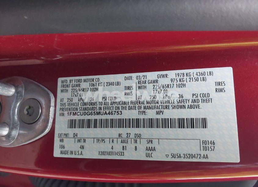 Photo 9 of 2021 Ford Escape SE (VIN 1FMCU0G65MUA46753)