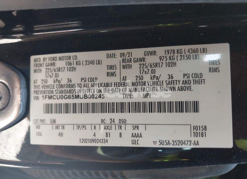 Photo 9 of 2021 Ford Escape SE (VIN 1FMCU0G65MUB00245)