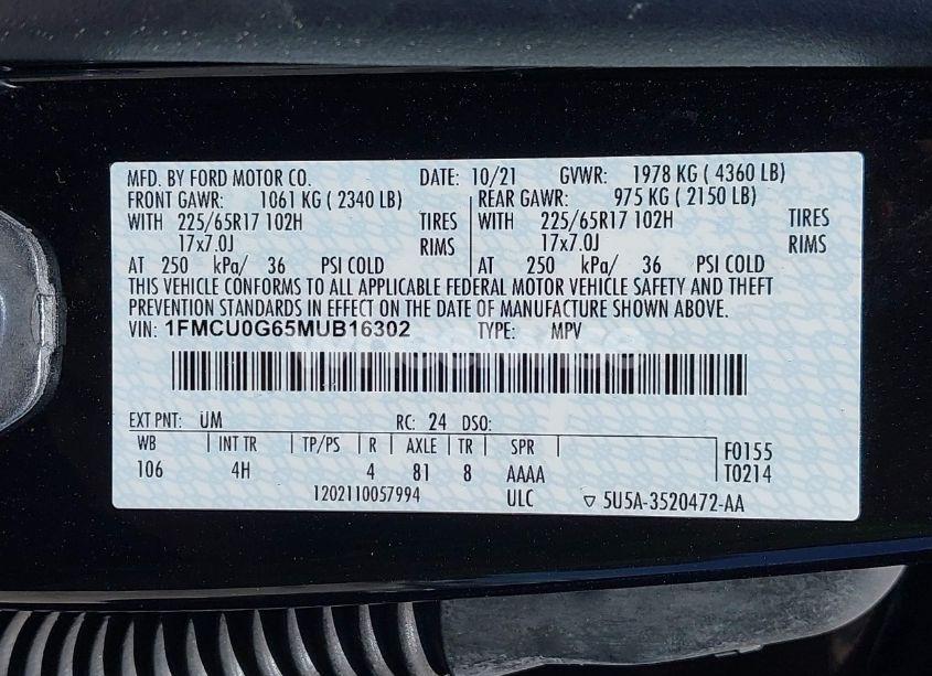 Photo 9 of 2021 Ford Escape SE (VIN 1FMCU0G65MUB16302)